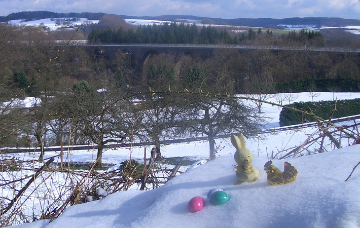 goldhuhn mit hase vor bruecke